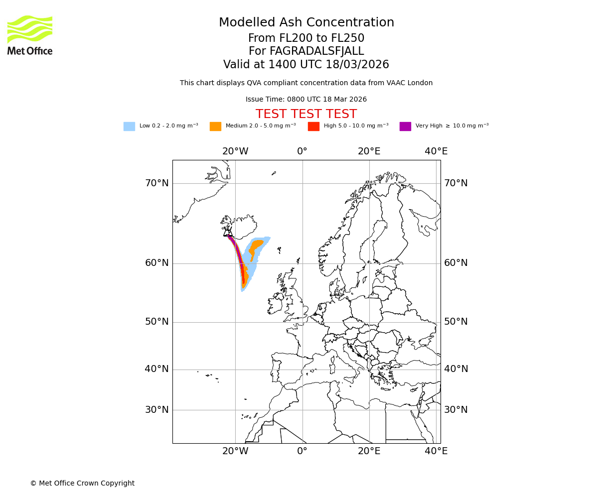Modelled ash concentration from 200 to 250 for FAGRADALSFJALL. Valid at 1400 UTC 18/03/2026