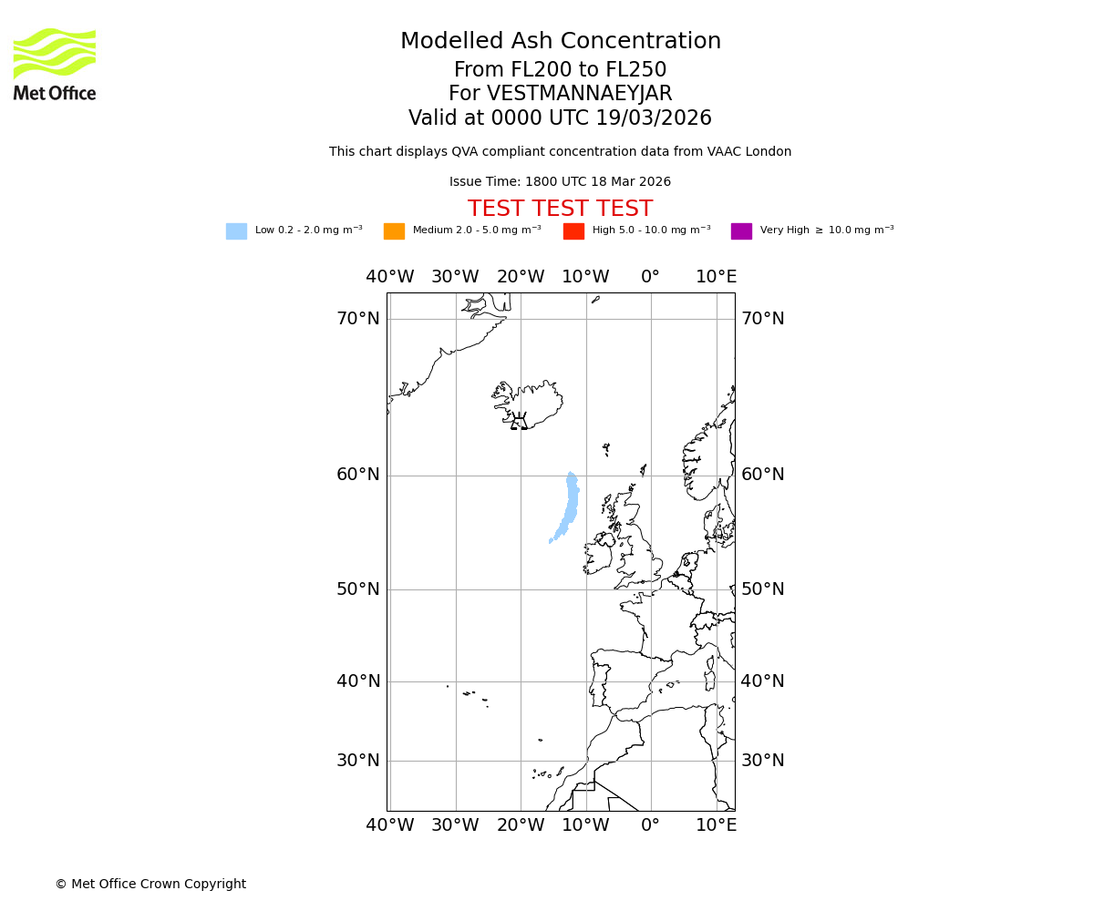 Modelled ash concentration from 200 to 250 for VESTMANNAEYJAR. Valid at 0000 UTC 19/03/2026