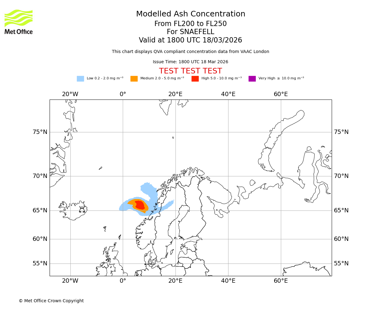 Modelled ash concentration from 200 to 250 for SNAEFELL. Valid at 1800 UTC 18/03/2026