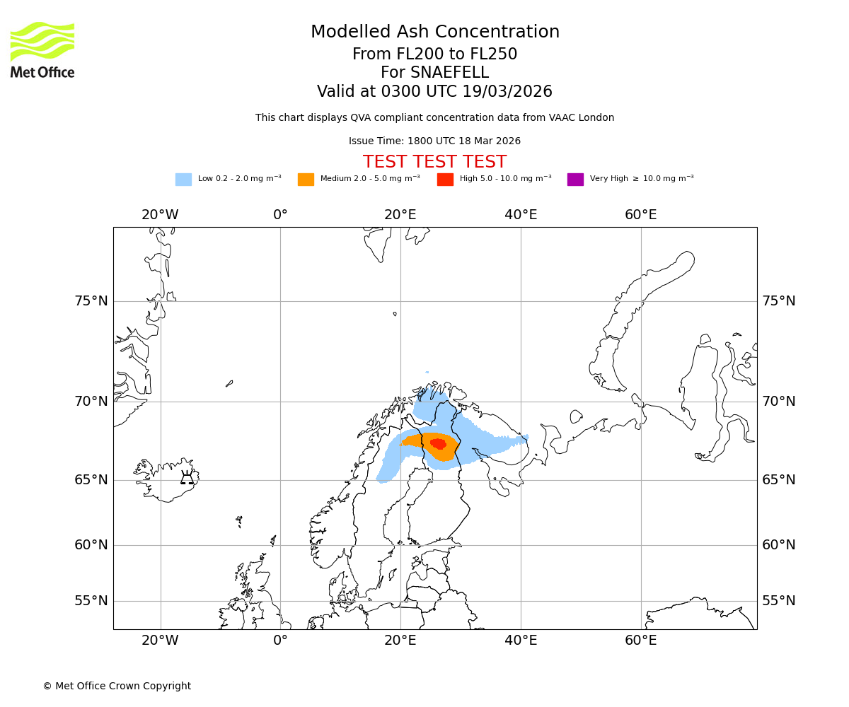 Modelled ash concentration from 200 to 250 for SNAEFELL. Valid at 0300 UTC 19/03/2026