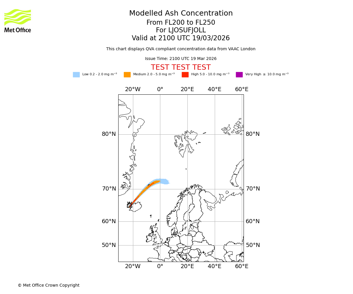 Modelled ash concentration from 200 to 250 for LJOSUFJOLL. Valid at 2100 UTC 19/03/2026