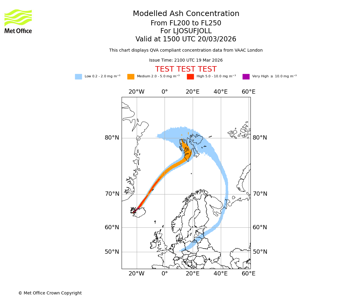 Modelled ash concentration from 200 to 250 for LJOSUFJOLL. Valid at 1500 UTC 20/03/2026