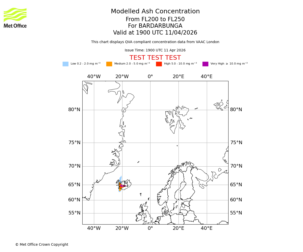 Modelled ash concentration from 200 to 250 for BARDARBUNGA. Valid at 1900 UTC 11/04/2026