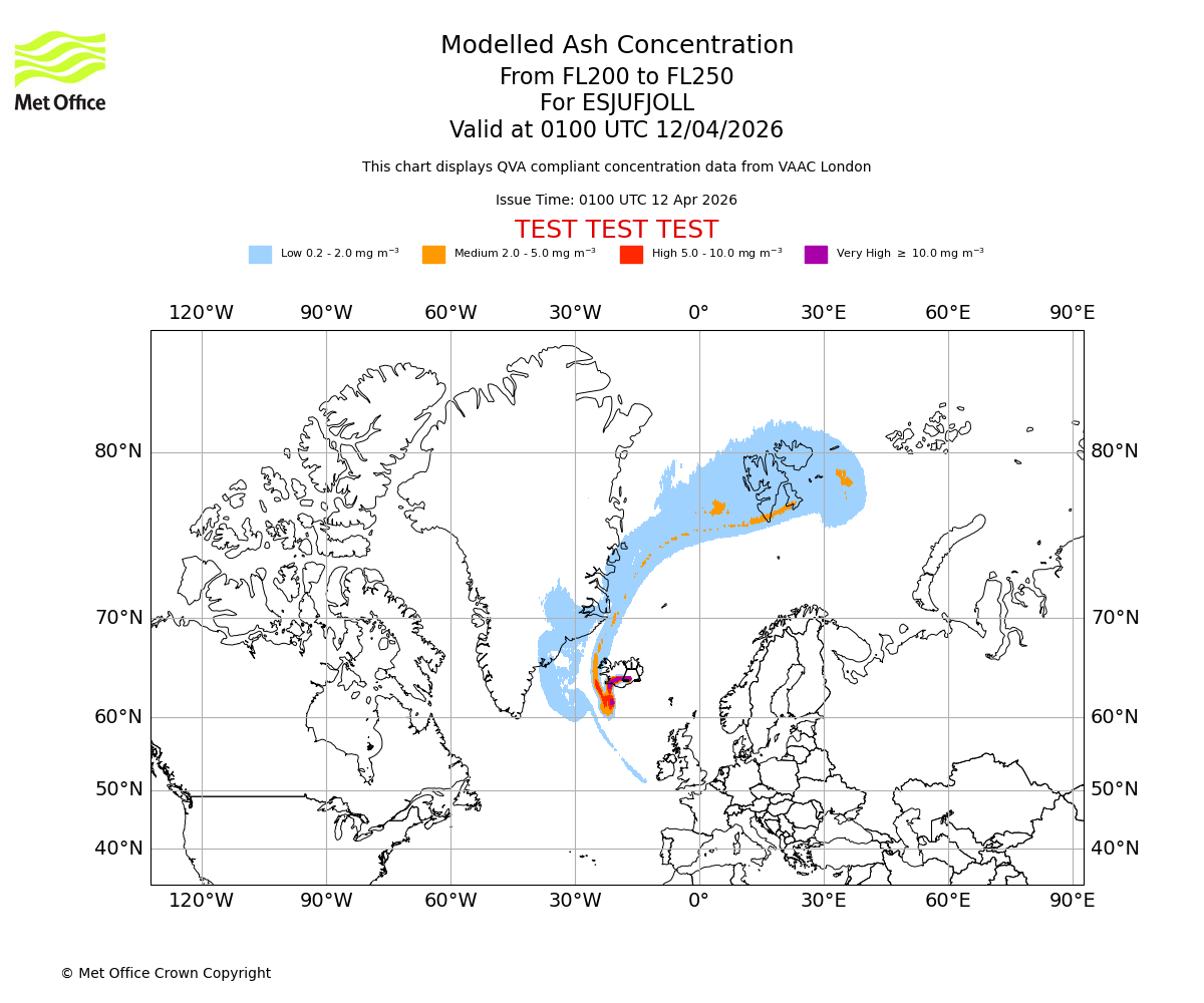 Modelled ash concentration from 200 to 250 for ESJUFJOLL. Valid at 0100 UTC 12/04/2026