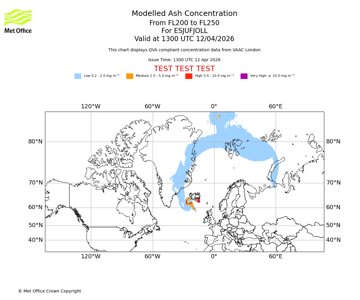 Modelled ash concentration from 200 to 250 for ESJUFJOLL. Valid at 1300 UTC 12/04/2026