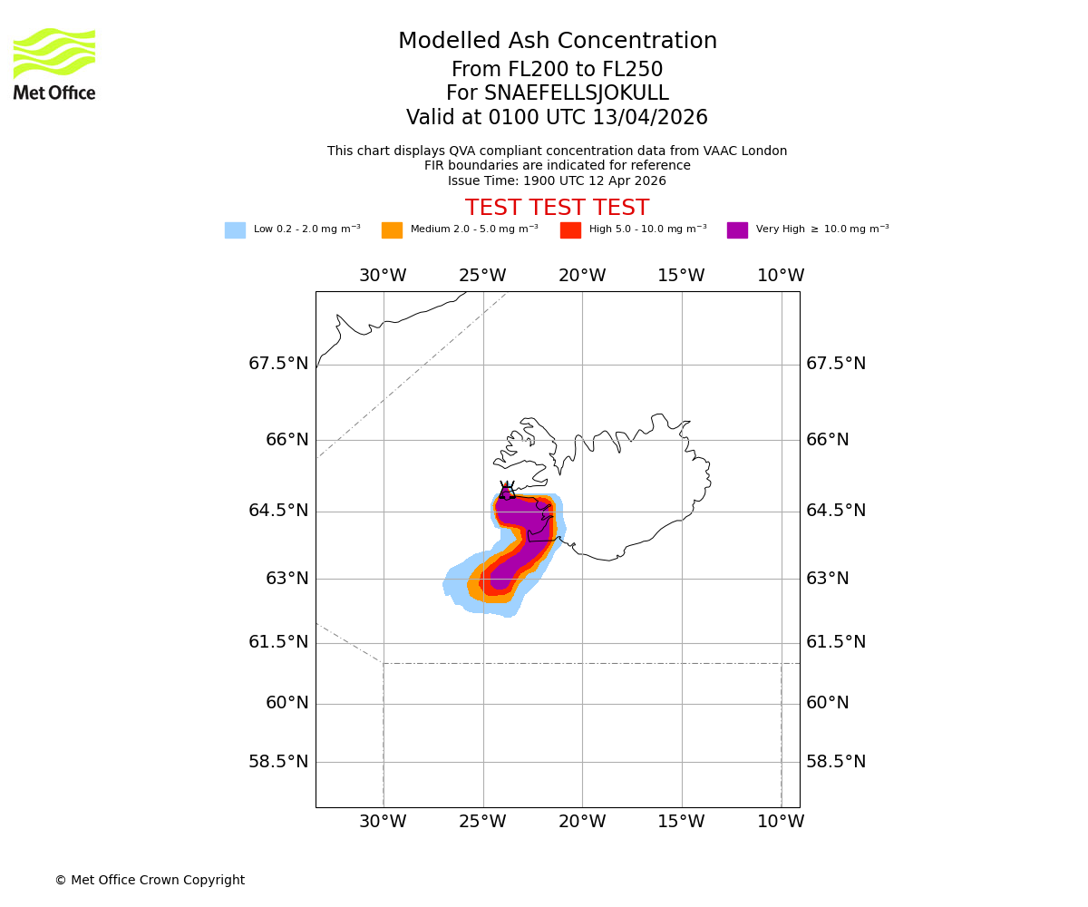 Modelled ash concentration from 200 to 250 for SNAEFELLSJOKULL. Valid at 0100 UTC 13/04/2026