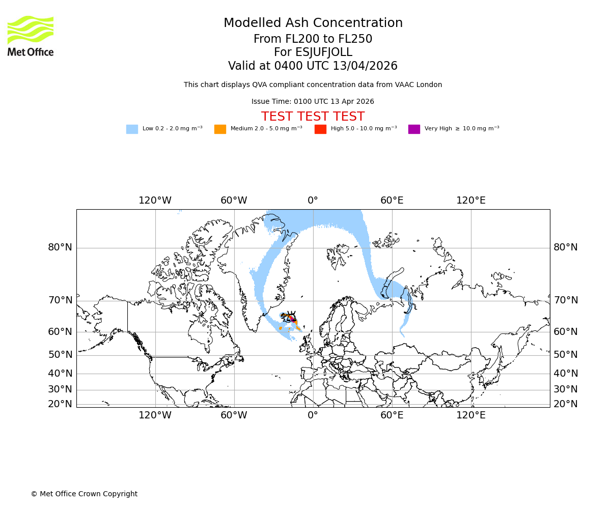 Modelled ash concentration from 200 to 250 for ESJUFJOLL. Valid at 0400 UTC 13/04/2026