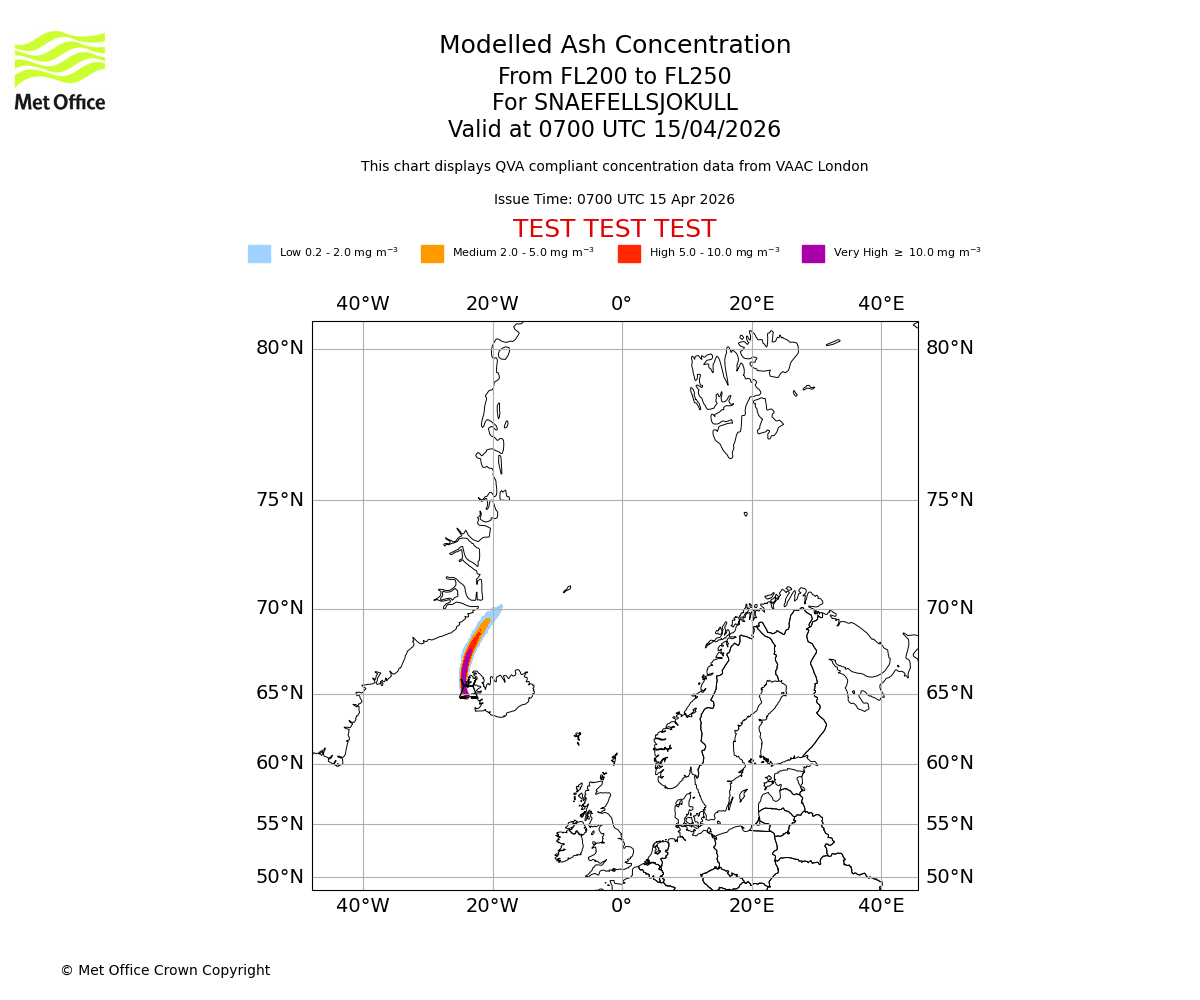 Modelled ash concentration from 200 to 250 for SNAEFELLSJOKULL. Valid at 0700 UTC 15/04/2026