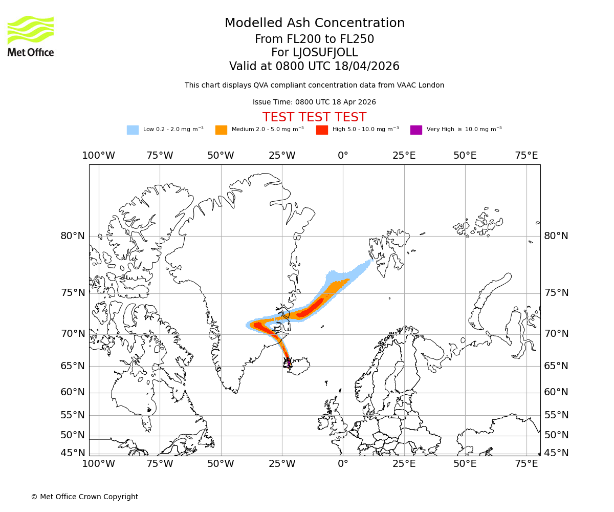 Modelled ash concentration from 200 to 250 for LJOSUFJOLL. Valid at 0800 UTC 18/04/2026