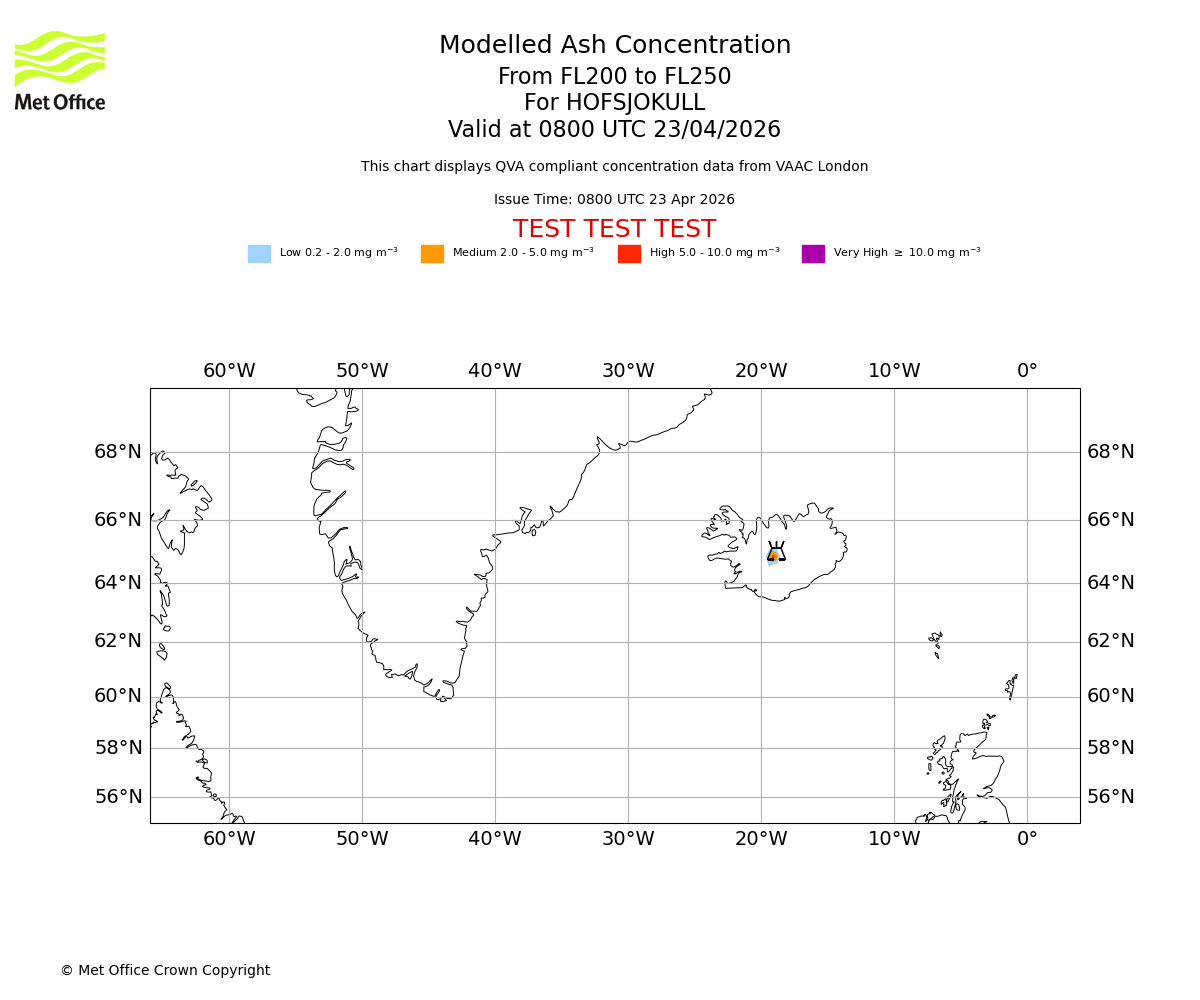 Modelled ash concentration from 200 to 250 for HOFSJOKULL. Valid at 0800 UTC 23/04/2026