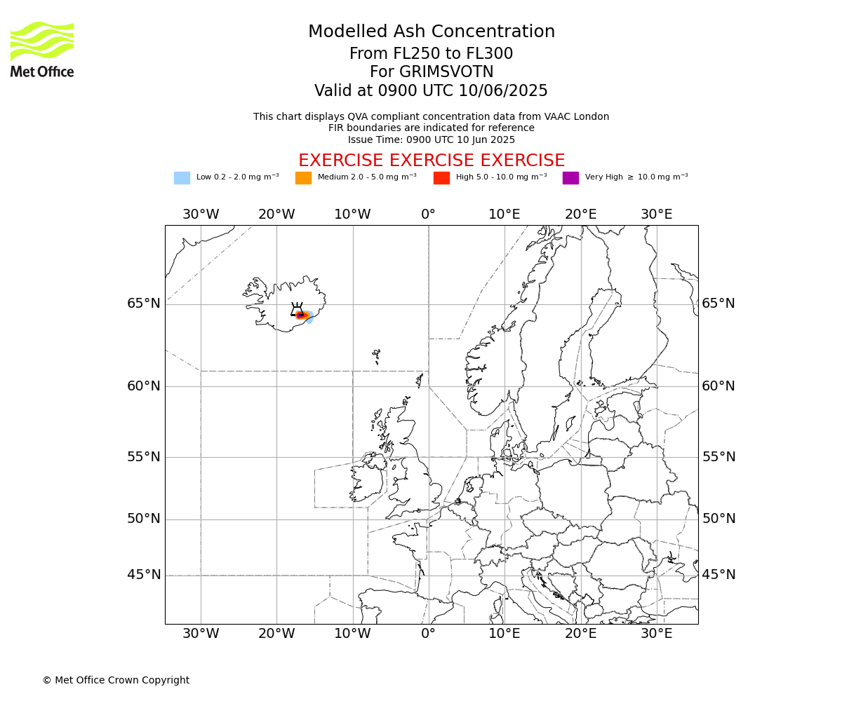 Modelled ash concentration from 250 to 300 for GRIMSVOTN. Valid at 0900 UTC 10/06/2025