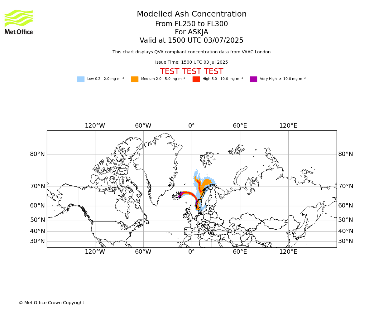 Modelled ash concentration from 250 to 300 for ASKJA. Valid at 1500 UTC 03/07/2025