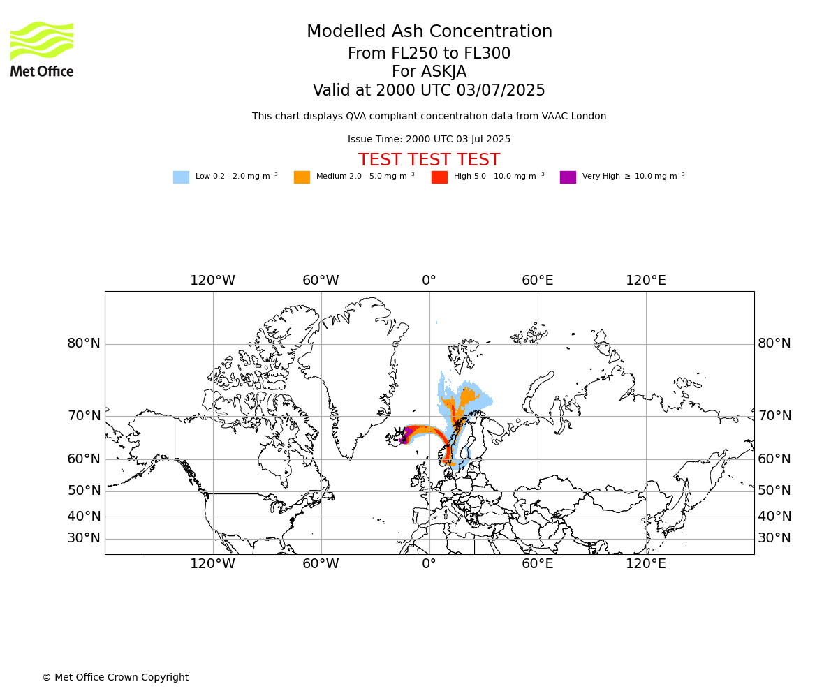 Modelled ash concentration from 250 to 300 for ASKJA. Valid at 2000 UTC 03/07/2025