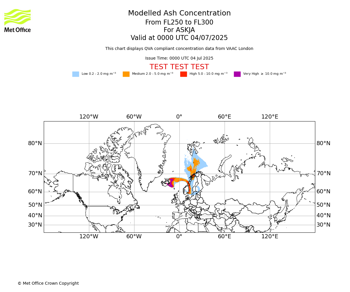 Modelled ash concentration from 250 to 300 for ASKJA. Valid at 0000 UTC 04/07/2025
