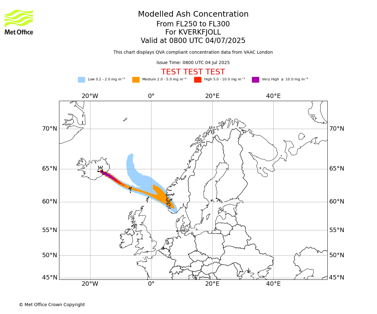 Modelled ash concentration from 250 to 300 for KVERKFJOLL. Valid at 0800 UTC 04/07/2025