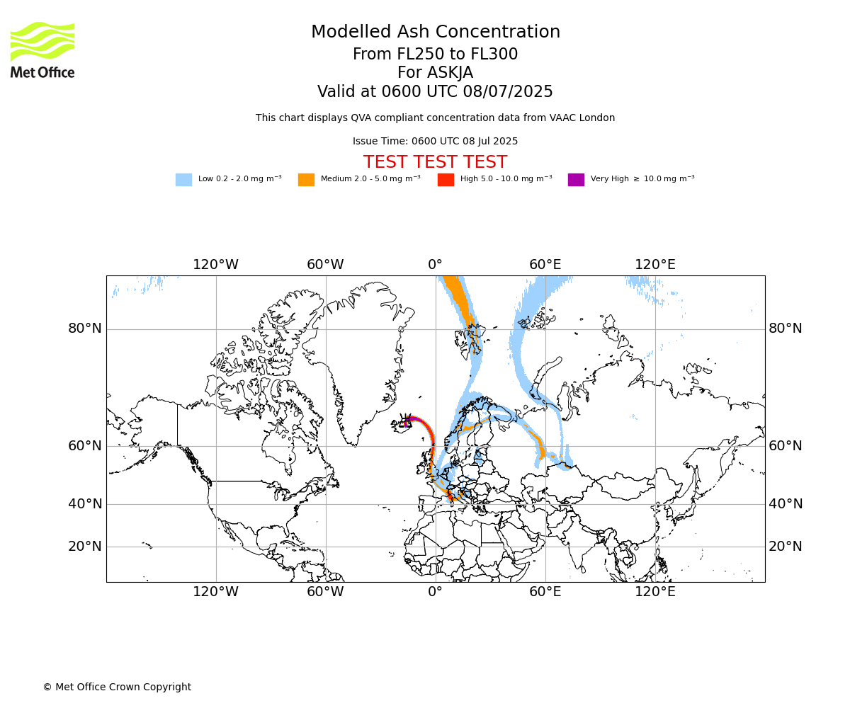 Modelled ash concentration from 250 to 300 for ASKJA. Valid at 0600 UTC 08/07/2025