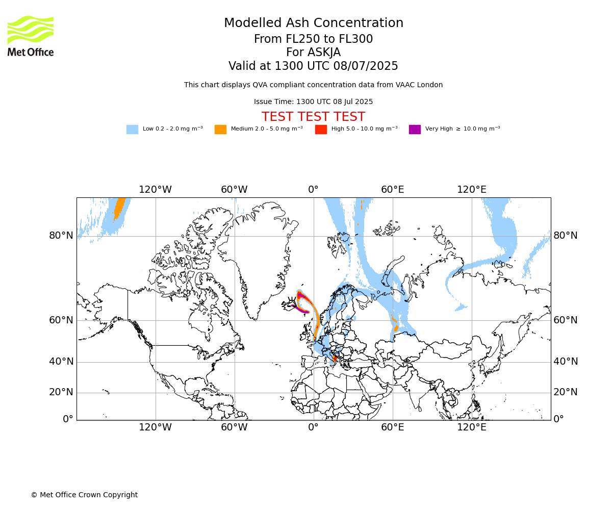 Modelled ash concentration from 250 to 300 for ASKJA. Valid at 1300 UTC 08/07/2025