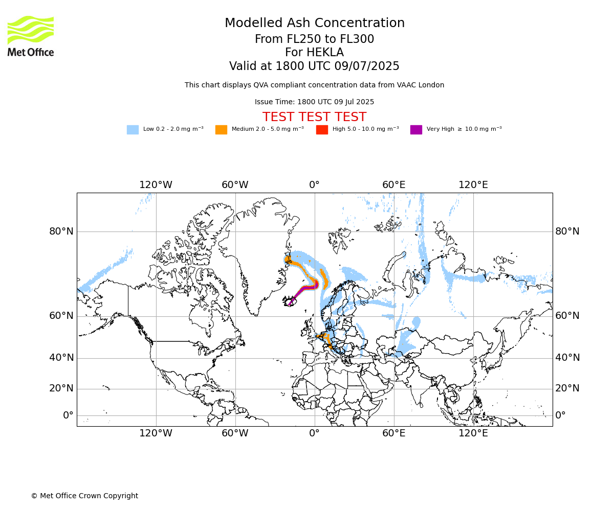 Modelled ash concentration from 250 to 300 for HEKLA. Valid at 1800 UTC 09/07/2025