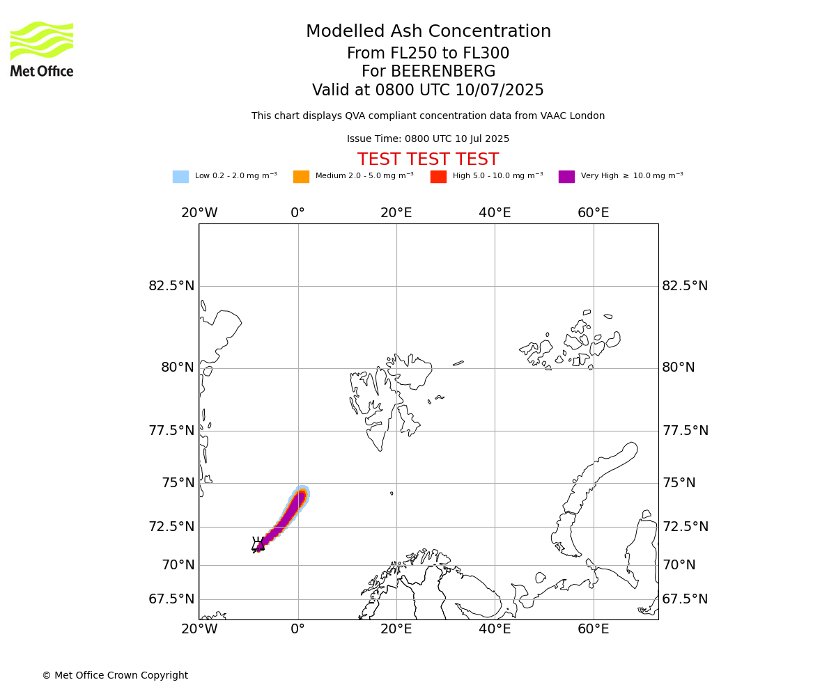 Modelled ash concentration from 250 to 300 for BEERENBERG. Valid at 0800 UTC 10/07/2025