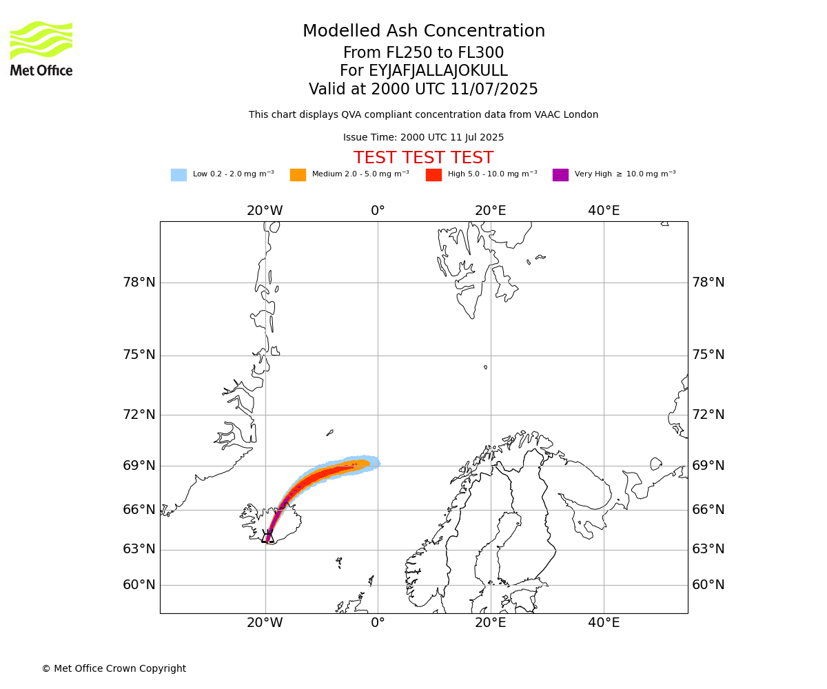 Modelled ash concentration from 250 to 300 for EYJAFJALLAJOKULL. Valid at 2000 UTC 11/07/2025