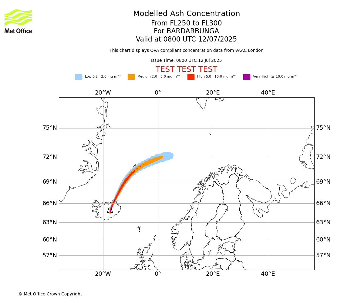 Modelled ash concentration from 250 to 300 for BARDARBUNGA. Valid at 0800 UTC 12/07/2025