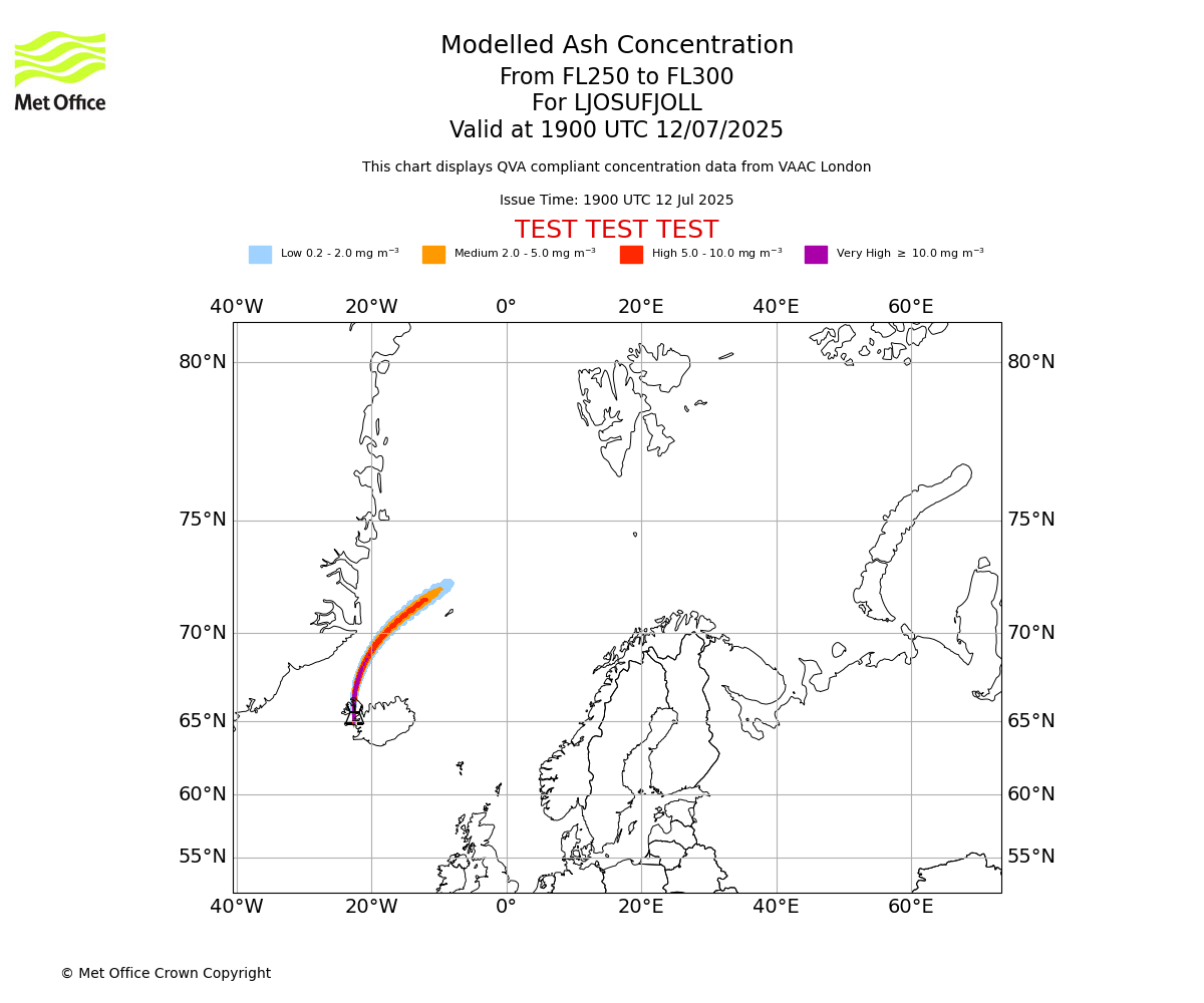 Modelled ash concentration from 250 to 300 for LJOSUFJOLL. Valid at 1900 UTC 12/07/2025