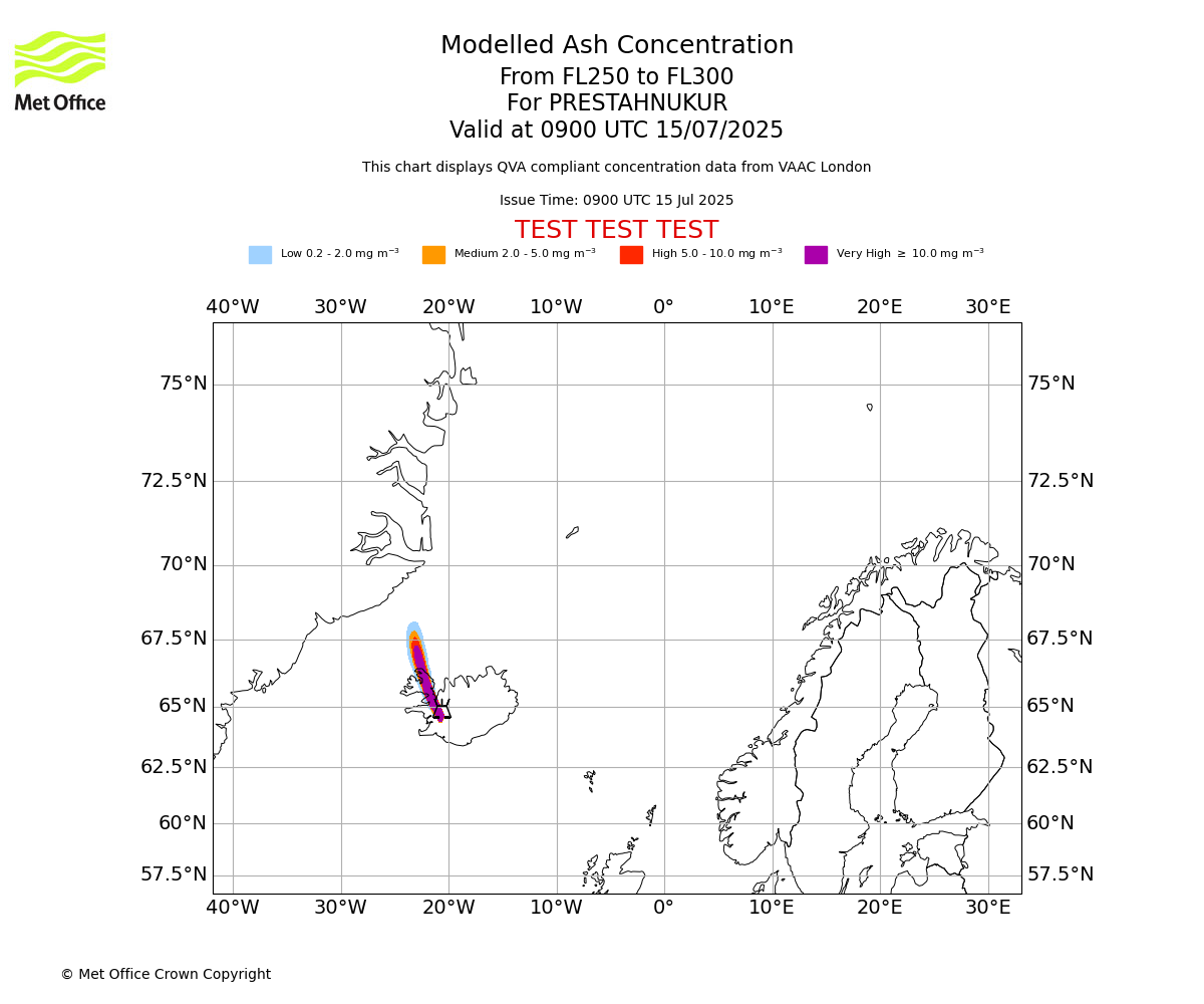 Modelled ash concentration from 250 to 300 for PRESTAHNUKUR. Valid at 0900 UTC 15/07/2025