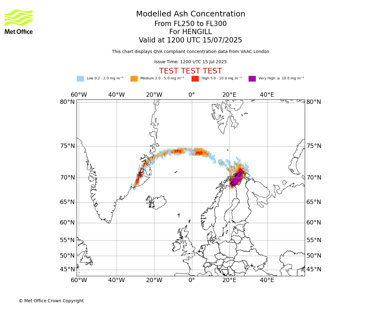 Modelled ash concentration from 250 to 300 for HENGILL. Valid at 1200 UTC 15/07/2025