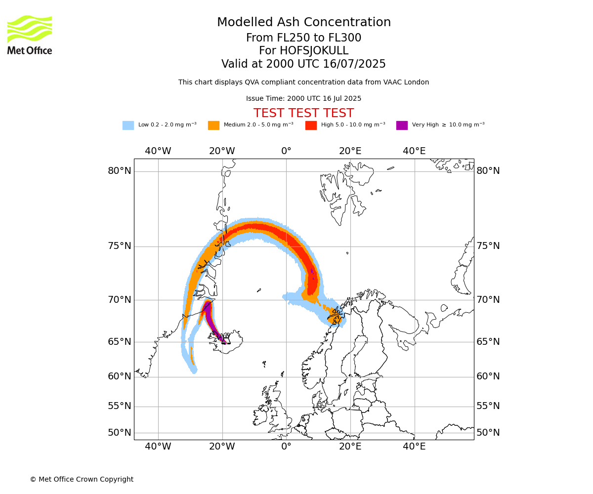 Modelled ash concentration from 250 to 300 for HOFSJOKULL. Valid at 2000 UTC 16/07/2025