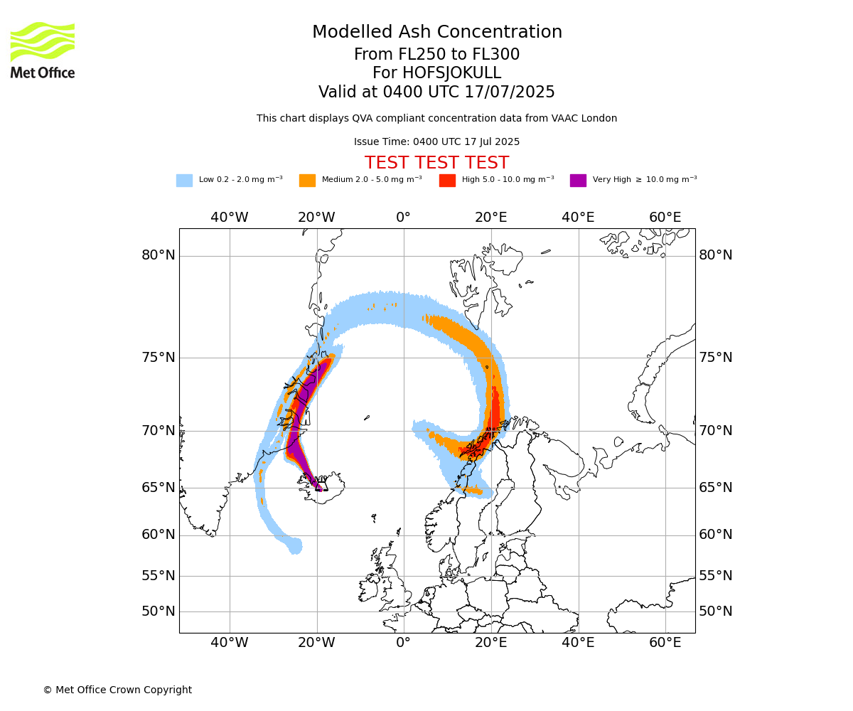 Modelled ash concentration from 250 to 300 for HOFSJOKULL. Valid at 0400 UTC 17/07/2025