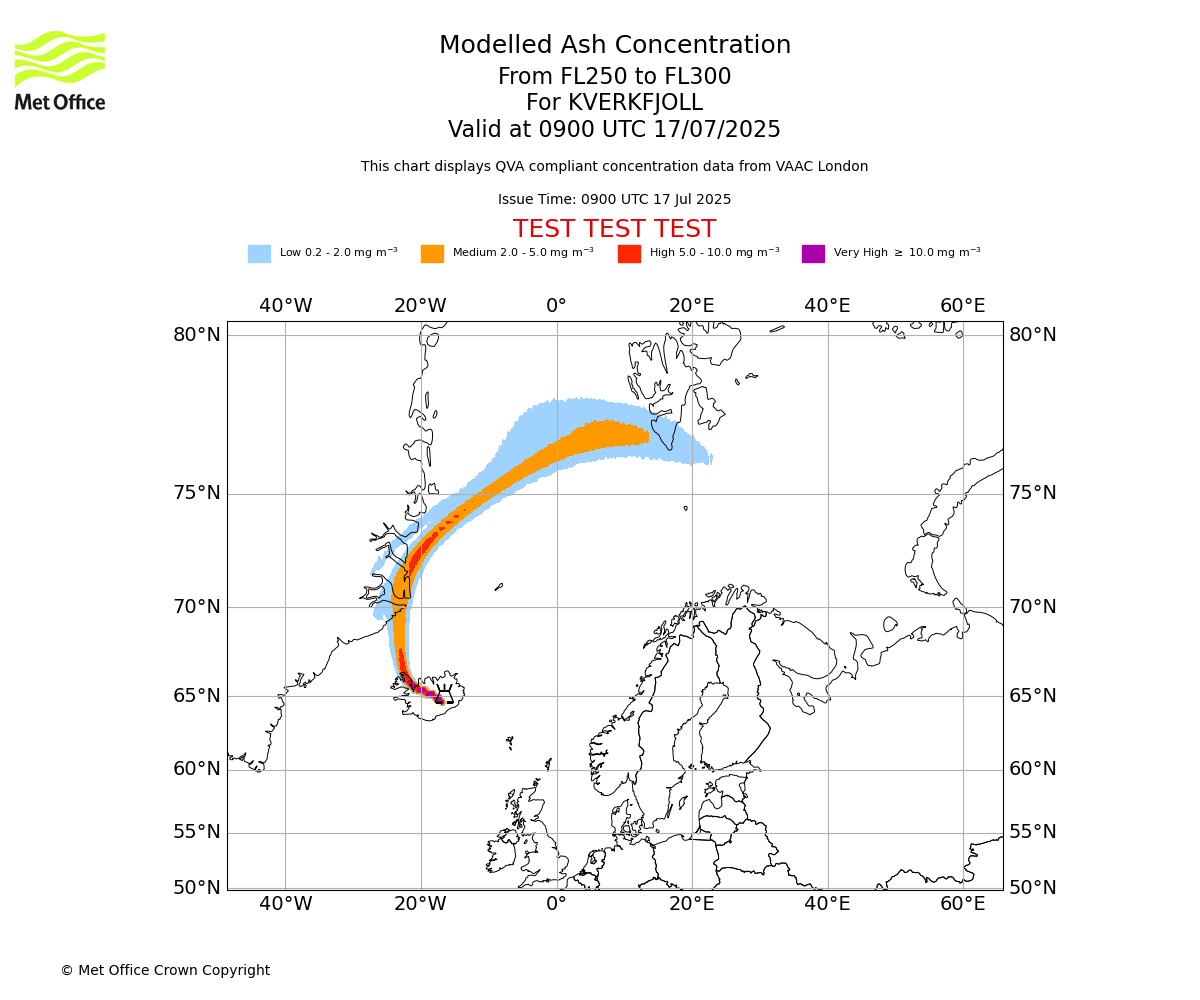 Modelled ash concentration from 250 to 300 for KVERKFJOLL. Valid at 0900 UTC 17/07/2025
