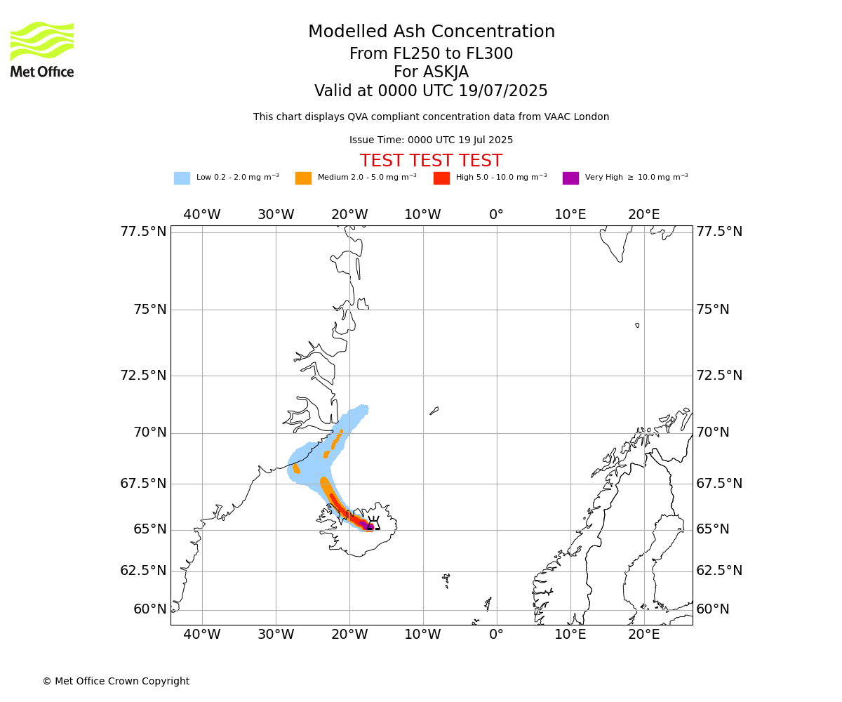 Modelled ash concentration from 250 to 300 for ASKJA. Valid at 0000 UTC 19/07/2025