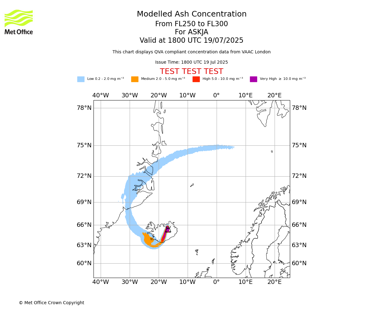 Modelled ash concentration from 250 to 300 for ASKJA. Valid at 1800 UTC 19/07/2025