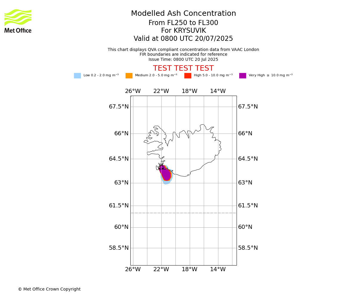 Modelled ash concentration from 250 to 300 for KRYSUVIK. Valid at 0800 UTC 20/07/2025