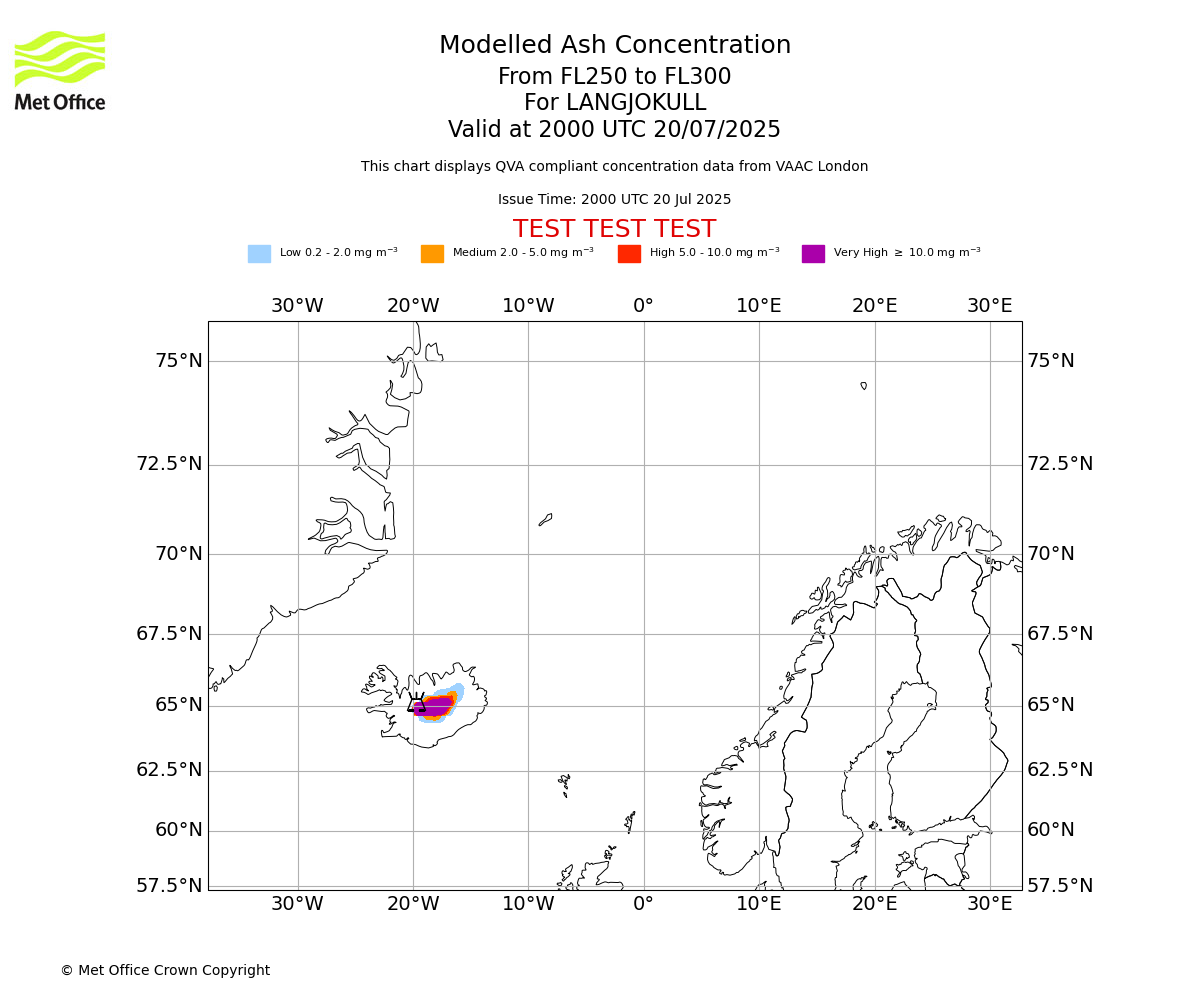 Modelled ash concentration from 250 to 300 for LANGJOKULL. Valid at 2000 UTC 20/07/2025