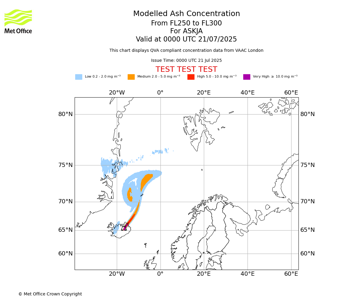 Modelled ash concentration from 250 to 300 for ASKJA. Valid at 0000 UTC 21/07/2025