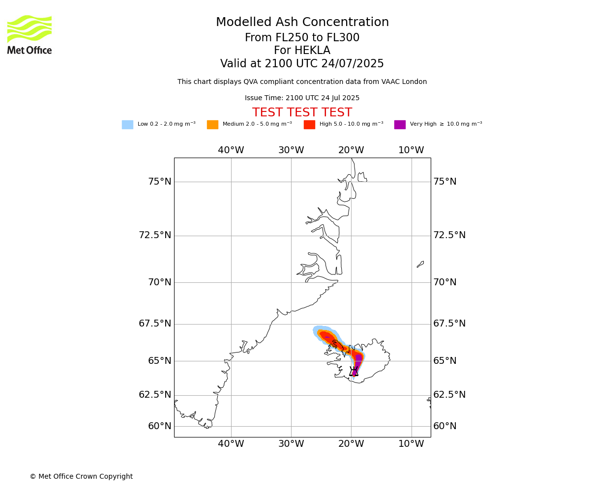 Modelled ash concentration from 250 to 300 for HEKLA. Valid at 2100 UTC 24/07/2025