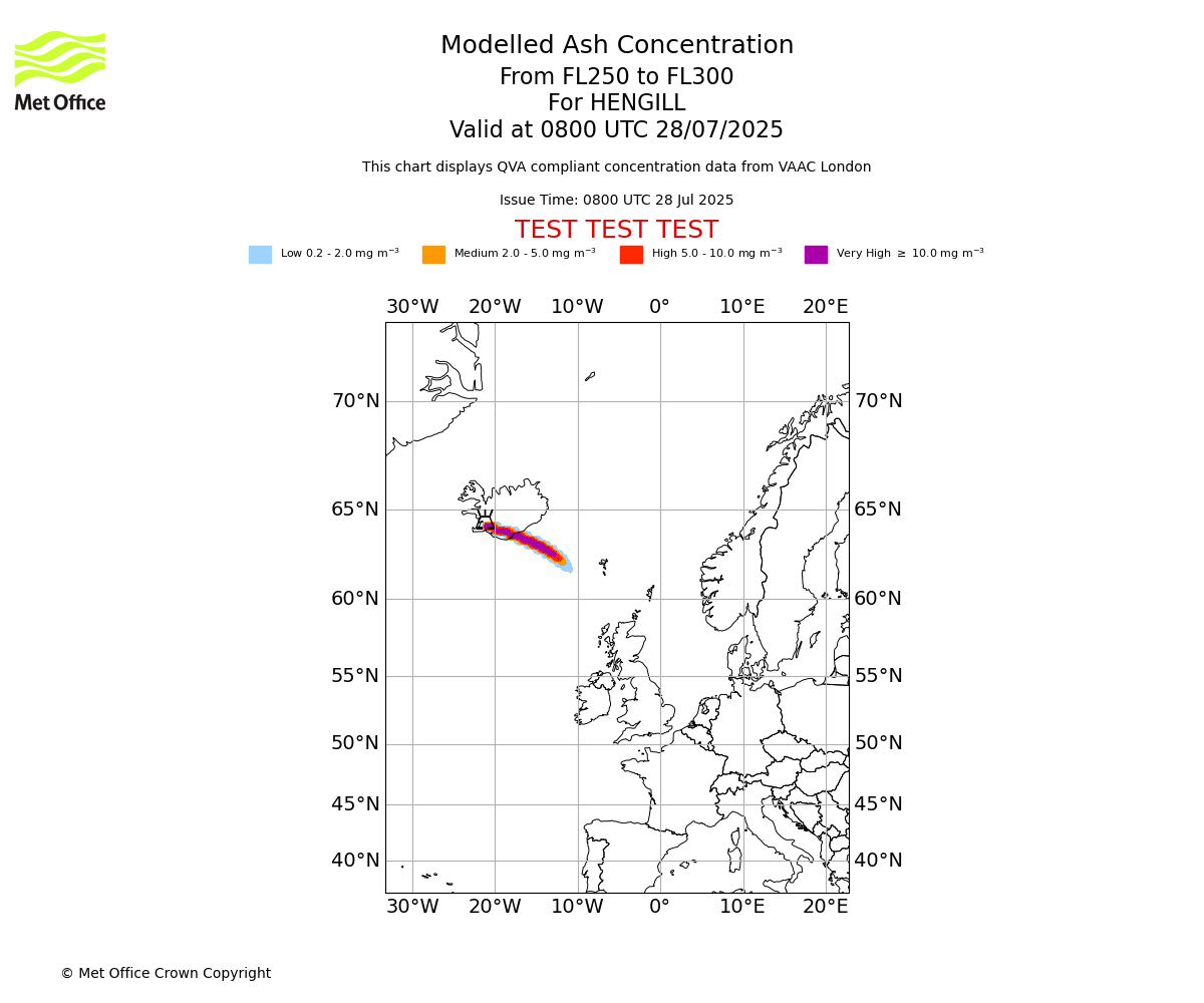 Modelled ash concentration from 250 to 300 for HENGILL. Valid at 0800 UTC 28/07/2025