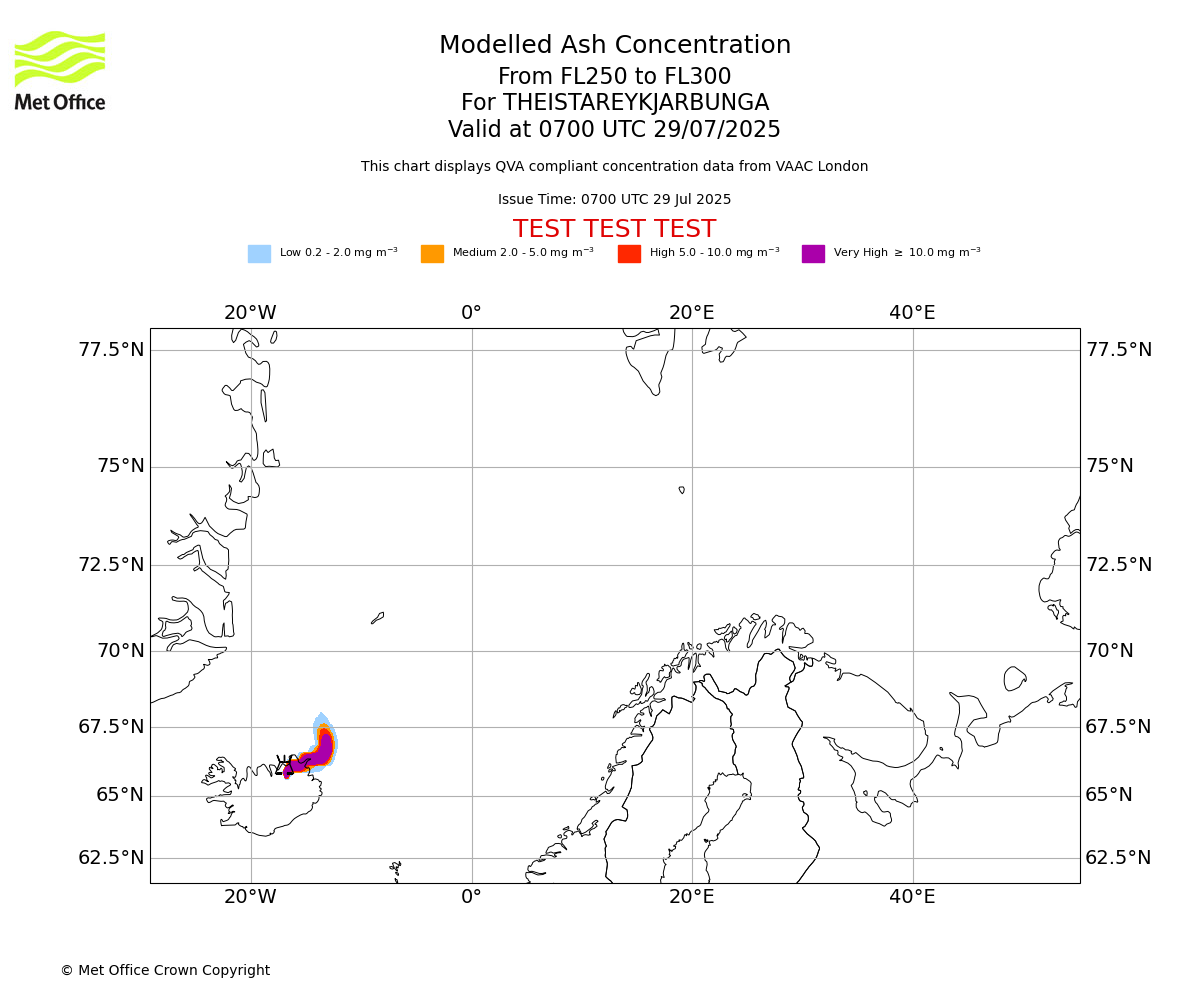 Modelled ash concentration from 250 to 300 for THEISTAREYKJARBUNGA. Valid at 0700 UTC 29/07/2025