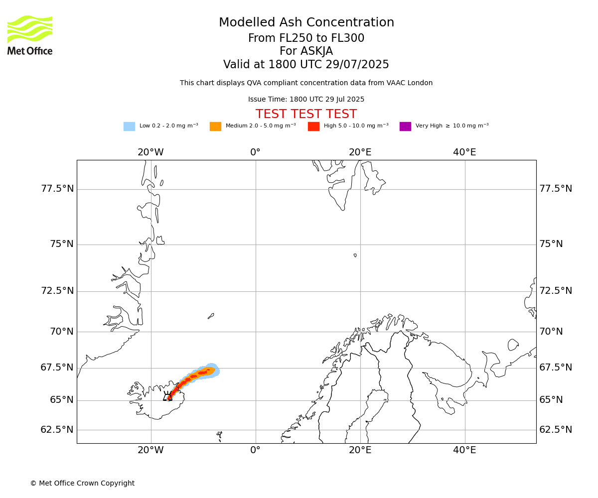 Modelled ash concentration from 250 to 300 for ASKJA. Valid at 1800 UTC 29/07/2025