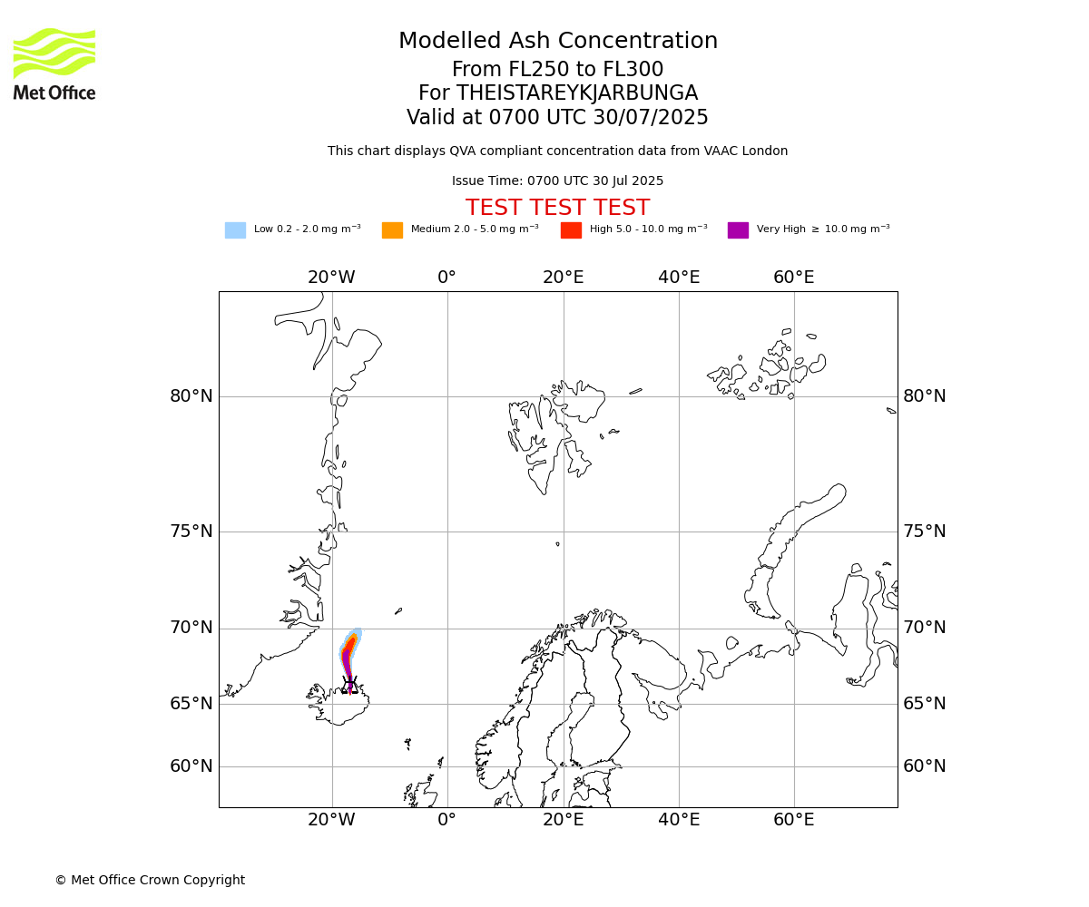 Modelled ash concentration from 250 to 300 for THEISTAREYKJARBUNGA. Valid at 0700 UTC 30/07/2025
