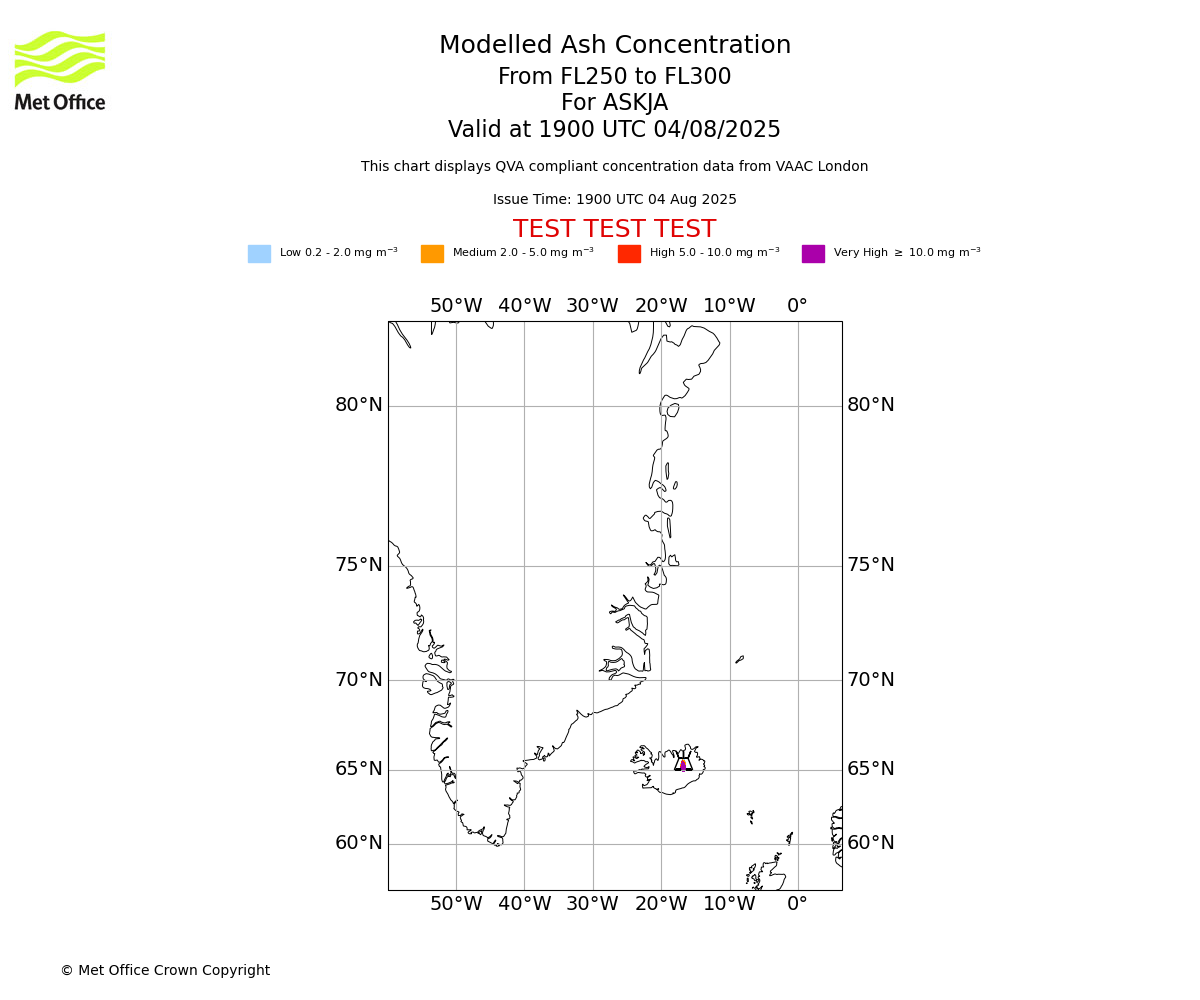 Modelled ash concentration from 250 to 300 for ASKJA. Valid at 1900 UTC 04/08/2025