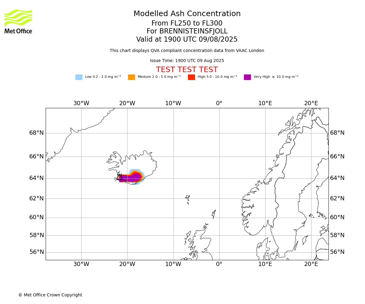 Modelled ash concentration from 250 to 300 for BRENNISTEINSFJOLL. Valid at 1900 UTC 09/08/2025