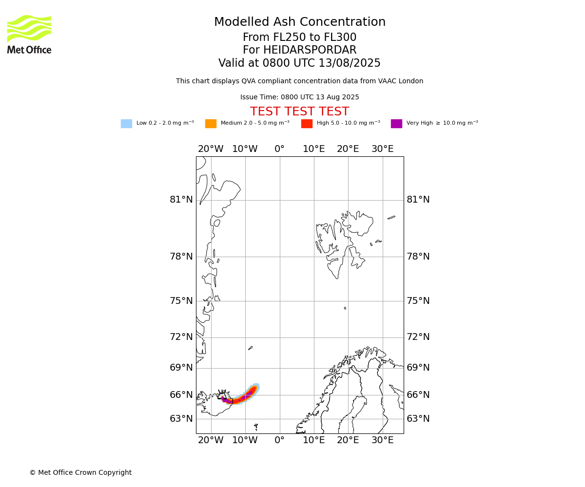 Modelled ash concentration from 250 to 300 for HEIDARSPORDAR. Valid at 0800 UTC 13/08/2025