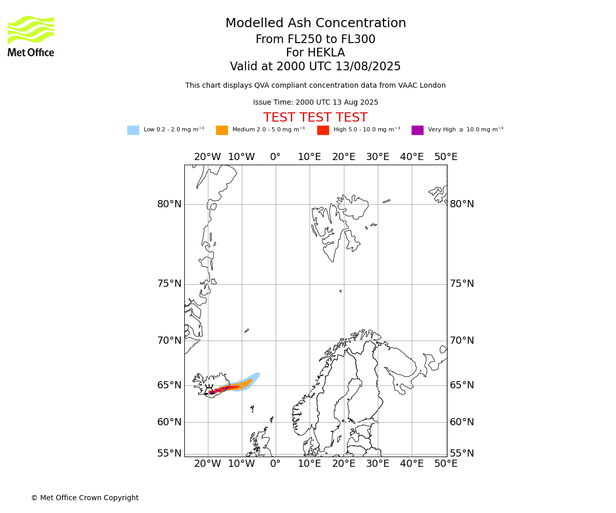 Modelled ash concentration from 250 to 300 for HEKLA. Valid at 2000 UTC 13/08/2025
