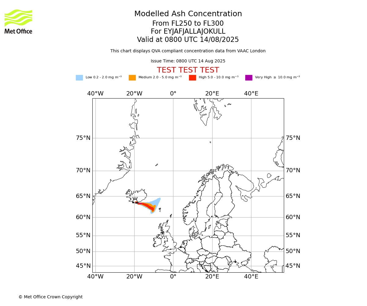 Modelled ash concentration from 250 to 300 for EYJAFJALLAJOKULL. Valid at 0800 UTC 14/08/2025