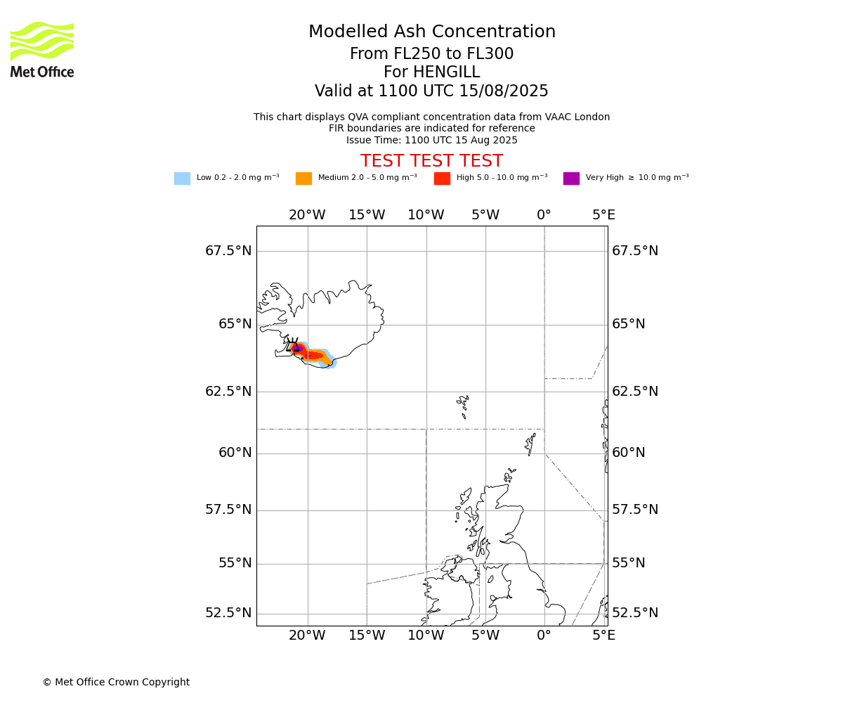 Modelled ash concentration from 250 to 300 for HENGILL. Valid at 1100 UTC 15/08/2025