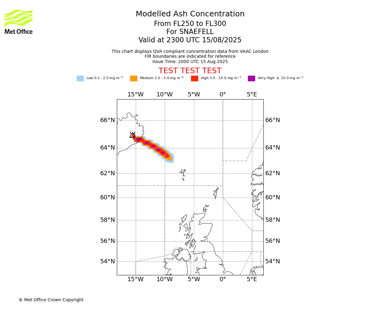 Modelled ash concentration from 250 to 300 for SNAEFELL. Valid at 2300 UTC 15/08/2025