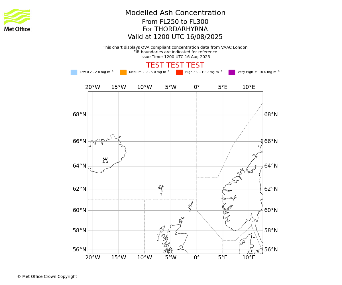 Modelled ash concentration from 250 to 300 for THORDARHYRNA. Valid at 1200 UTC 16/08/2025