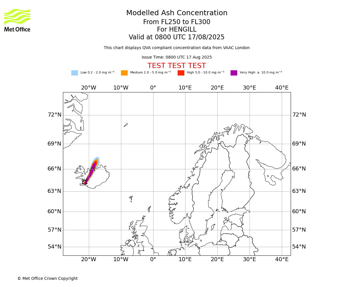 Modelled ash concentration from 250 to 300 for HENGILL. Valid at 0800 UTC 17/08/2025